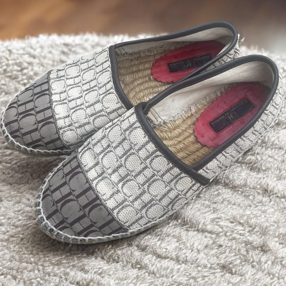 Carolina Herrera Gray and Cream CH Logo Espadrilles 39/8